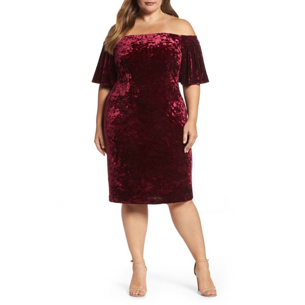 2/$30 Eliza J Crushed Velvet Off-the-Shoulder Dress 4 Ruby Flutter Sleeve #6673